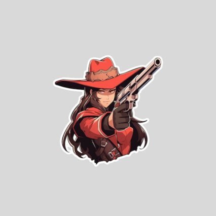 western girl in red with gun sticker